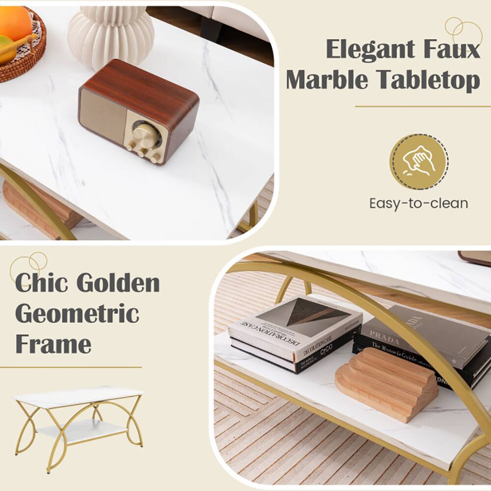 Elegant Faux Marble Tabletop  
Easy-to-clean  
Chic Golden Geometric Frame