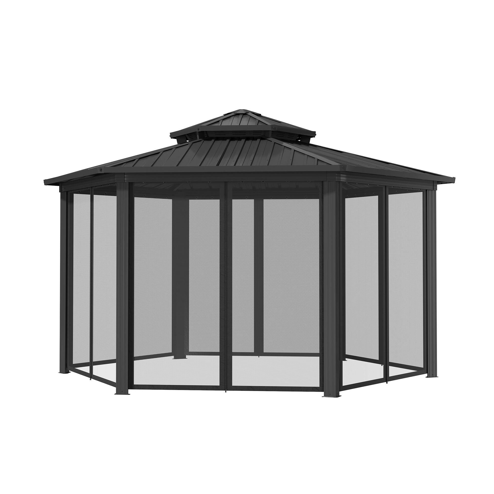 Alt View 7. Mondawe - 15x15Ft Hardtop Gazebo Outdoor Hexagon Gazebo with Iron Double Roof Aluminum Frame and Nettings - Black.