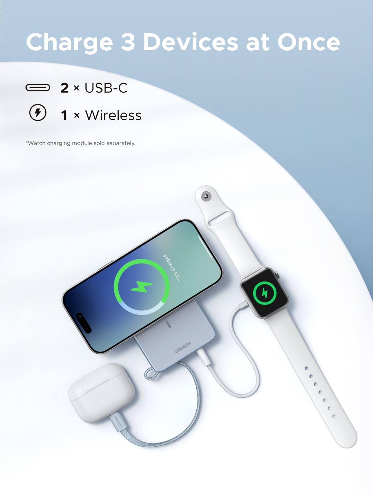 Charge 3 Devices at Once

2 x USB-C  
1 x Wireless

*Watch charging module sold separately.