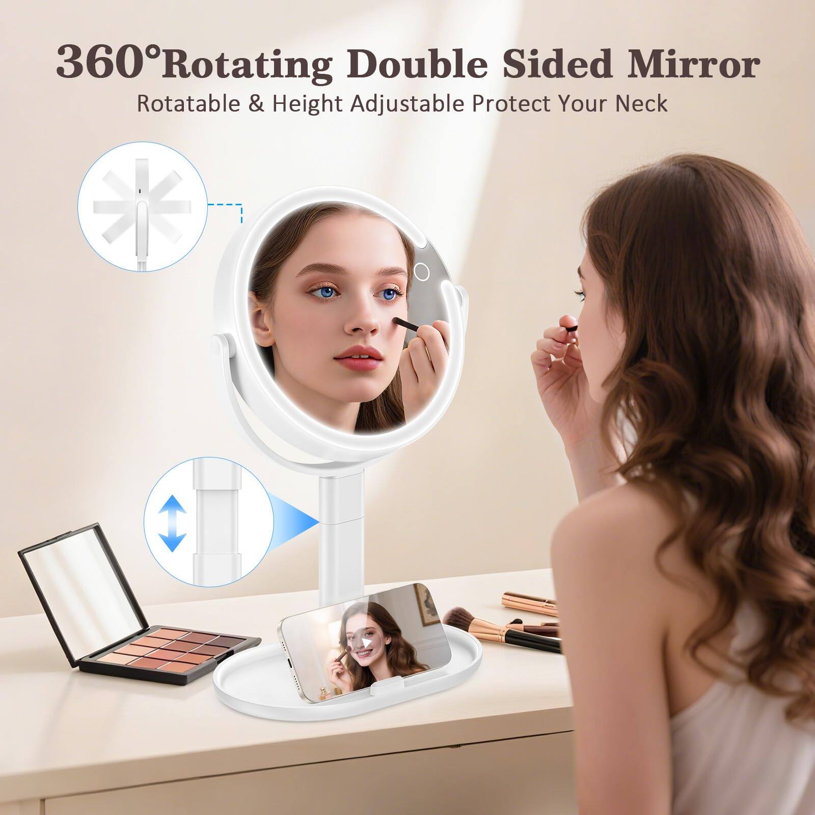 360° Rotating Double Sided Mirror  
Rotatable & Height Adjustable Protect Your Neck