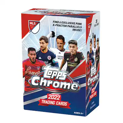 Sure, here is the corrected and grouped text from the image:
---
**Topps Chrome 2022 Trading Cards**
- **MLS**
- FIND 6 EXCLUSIVE PINK X-FACTOR PARALLELS INSIDE!
- **30 TOTAL CARDS**
- **Ages 6+**
- **United Healthcare**
- AMERICAN FAMILY INSURANCE
- **navy**
- HERBALIFE NUTRITION
- **MLS**
- (MLS logo with stars)
- **Topps Chrome**
- (Topps Chrome logo)
- **2022**
- TRADING CARDS
- **4 RINGS**
- 500 PER PACK
---