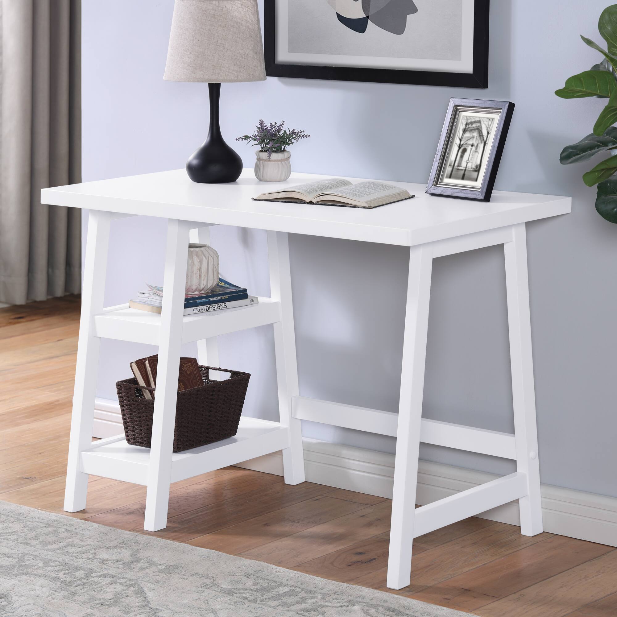GOODSILO - Contemporary Wood Writing Desk with Storage Shelves, Modern Home Office Furniture for Workspaces - White