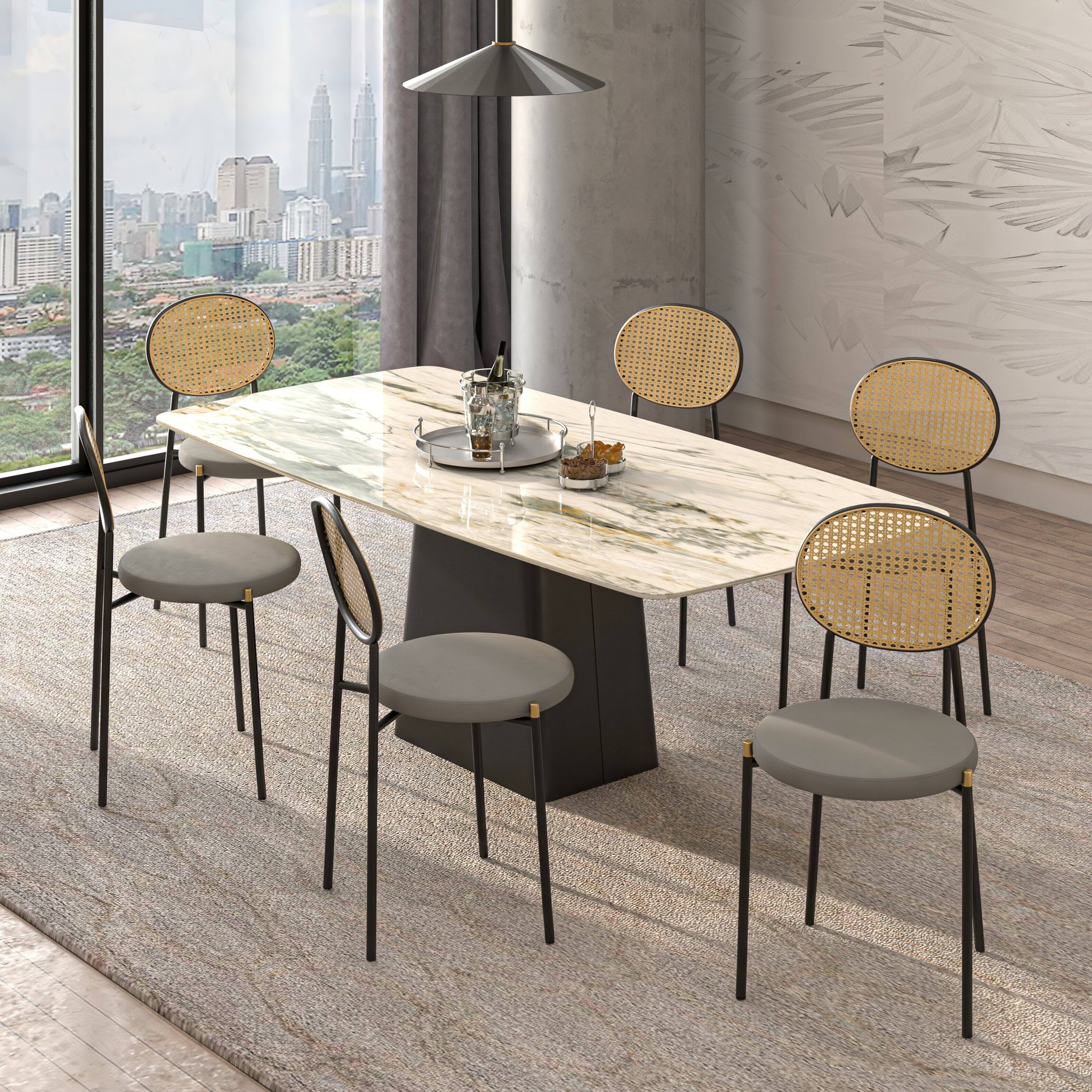 Angle. LeisureMod - Euston 2-PCS Boho Wicker Back Dining Chair, Luxury Velvet Leather Kitchen Side Chair with Powder-Coated Steel - Grey.