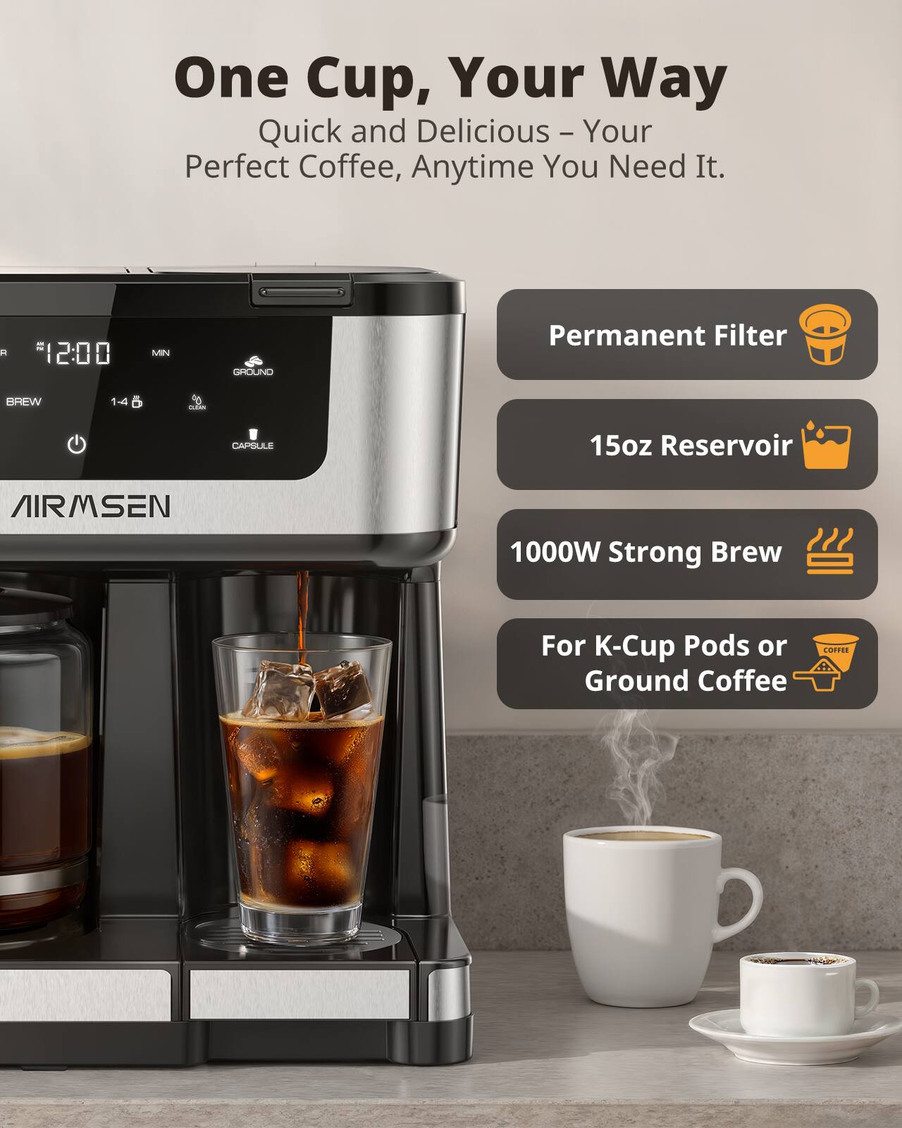 One Cup, Your Way  
Quick and Delicious - Your Perfect Coffee, Anytime You Need It.

- Permanent Filter
- 15oz Reservoir
- 1000W Strong Brew
- For K-Cup Pods or Ground Coffee

AIRSEN