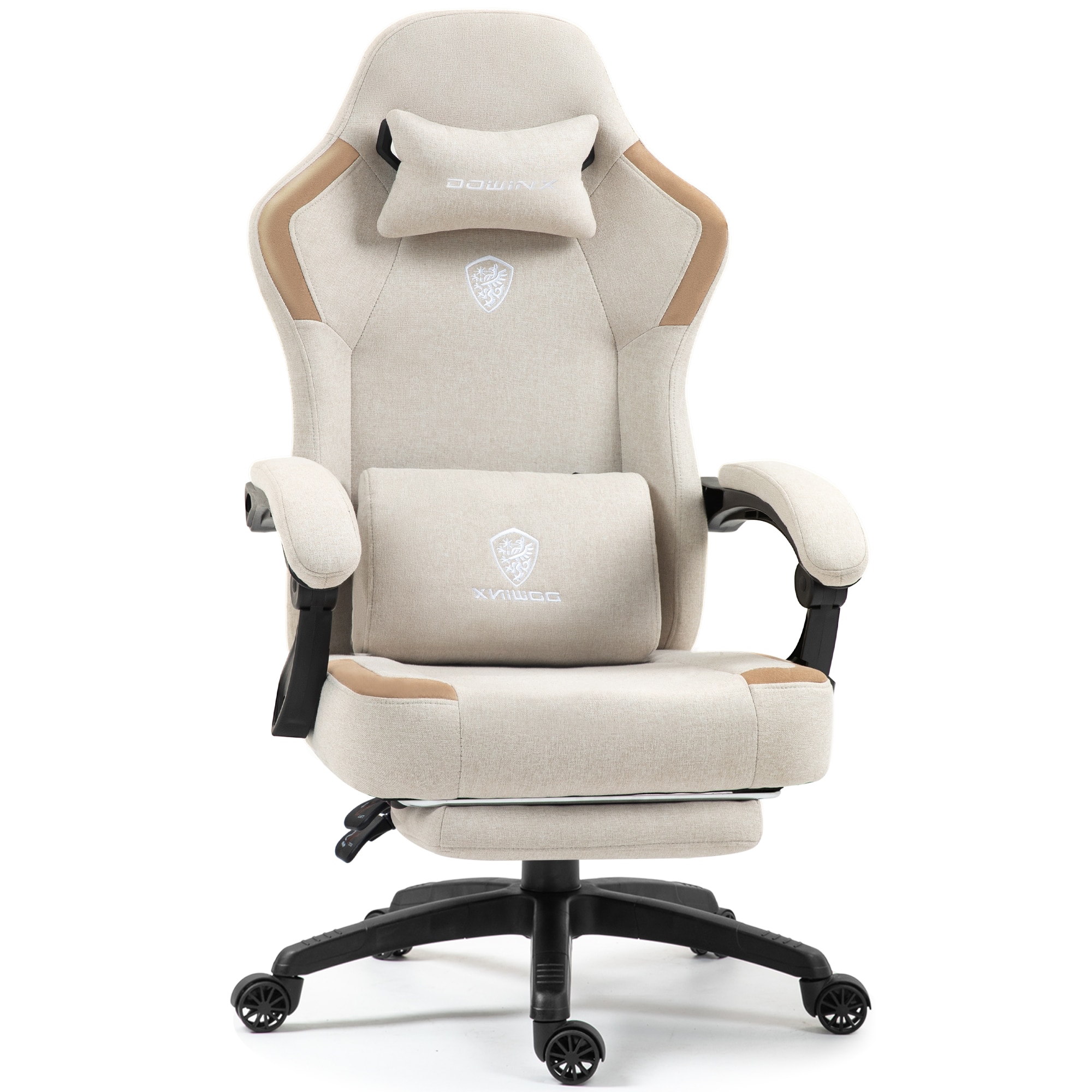 Dowinx - Fabric Gaming Chair with Pocket Spring Cushion,Breathable Computer Chair with Adjustable Lumbar Support and Footrest - Beige