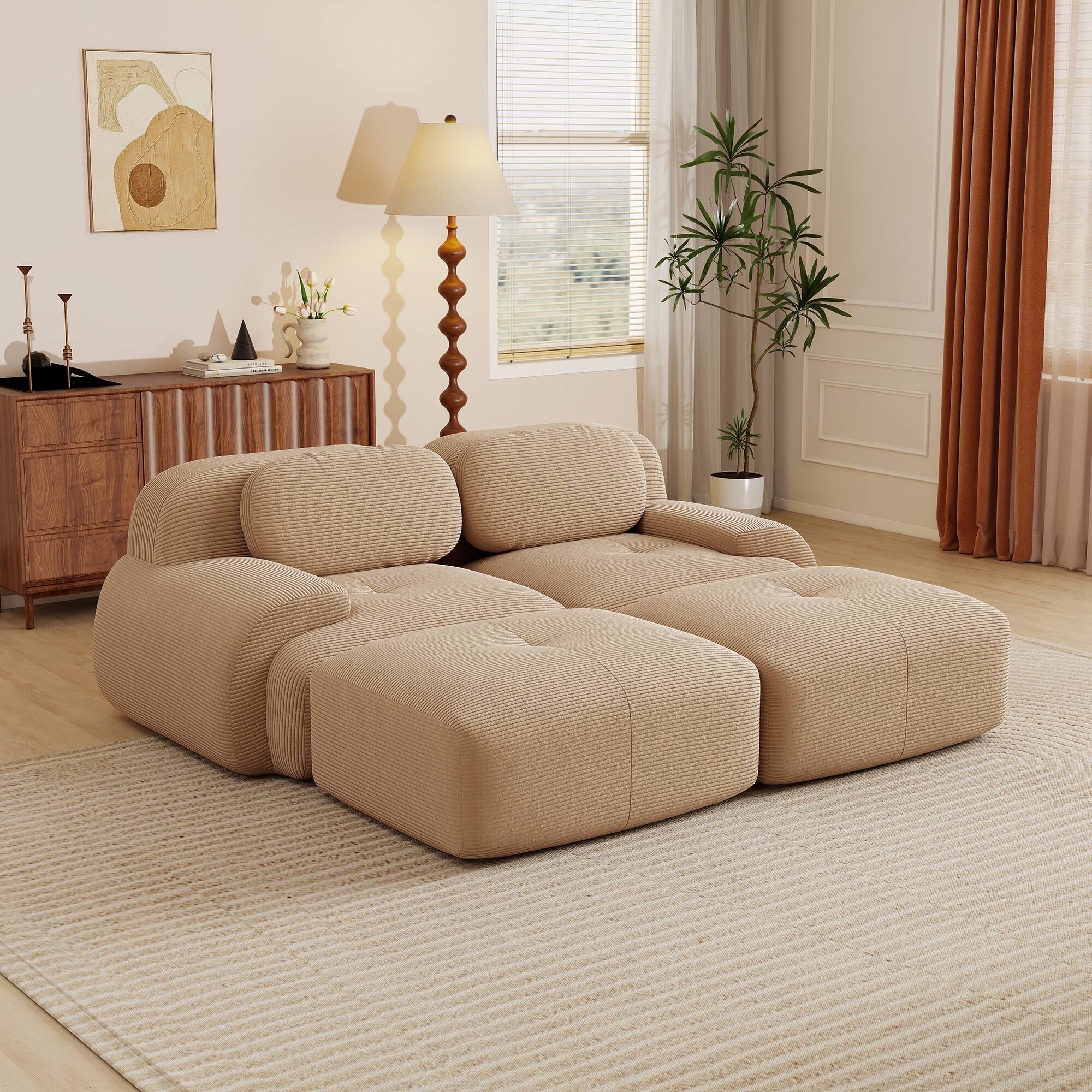 Front. Aukfa - 2 Seats + 2 Ottoman Modular Corduroy Sectional Sofa - Ergonomic Support, Pet Friendly, Easy Assembly, Non-Slip Base - Camel.