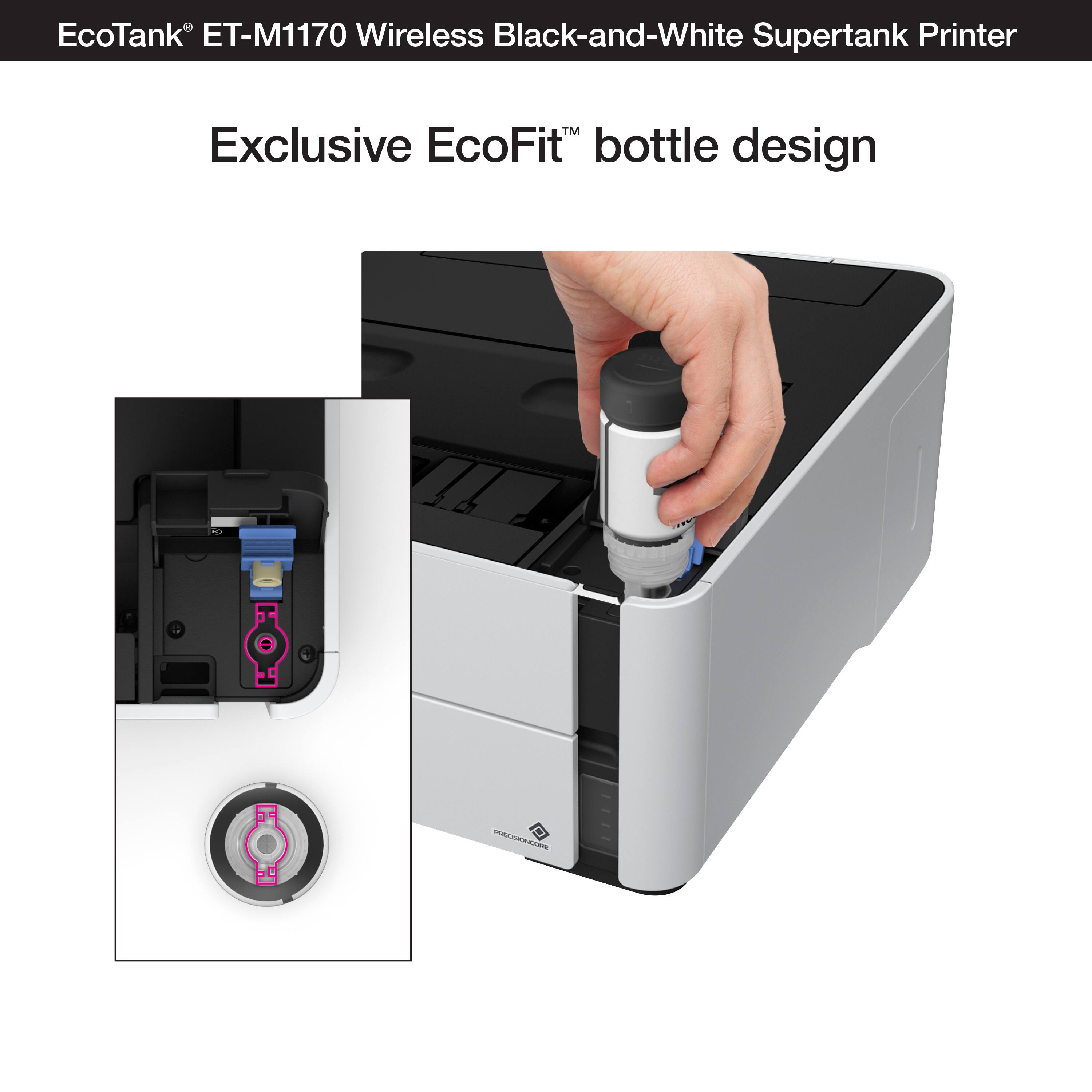 EcoTank ET-M1170 Wireless Black-and-White Supertank Printer Exclusive EcoFit bottle design.