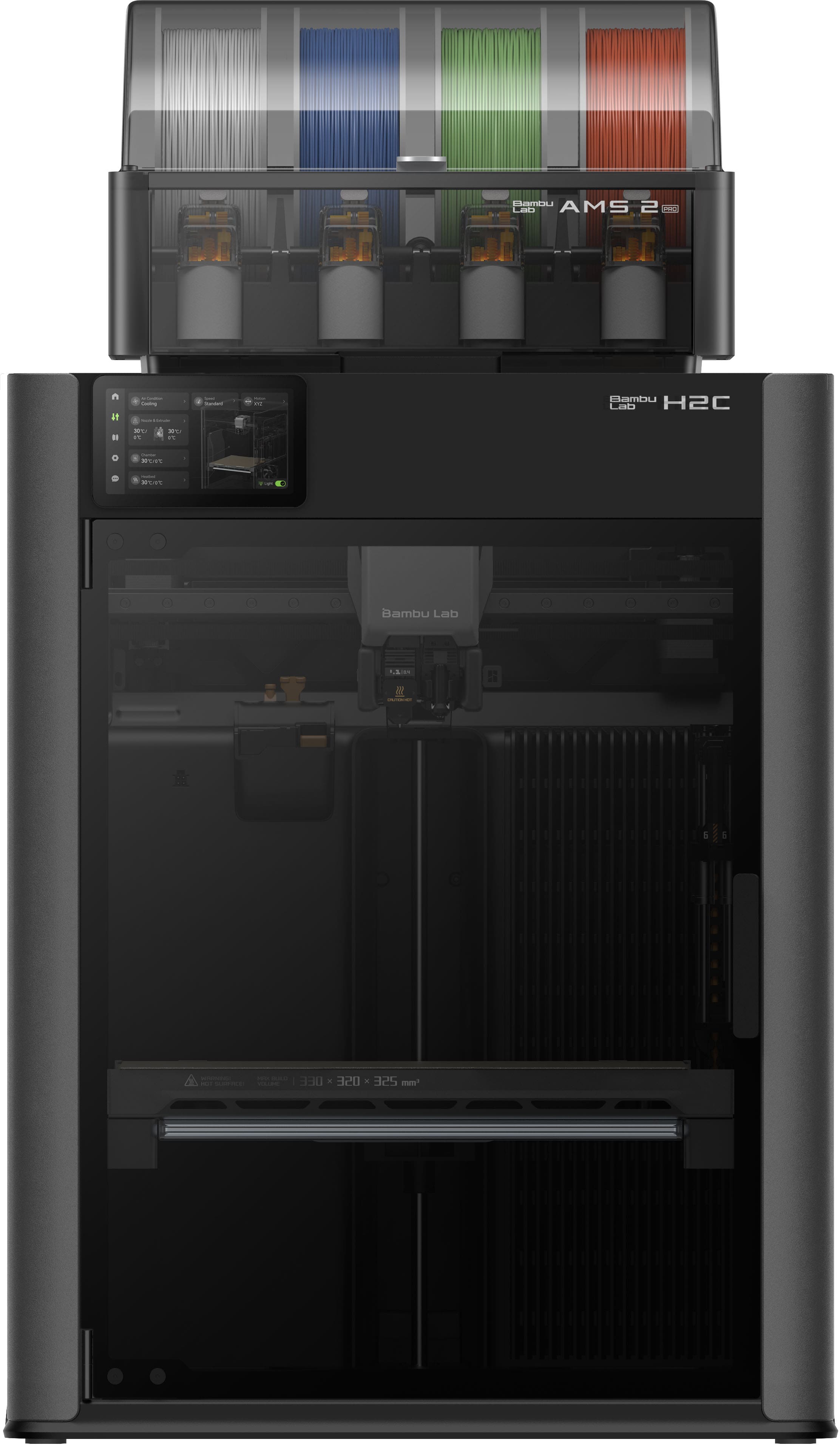 Sure, here is the corrected and grouped text from the image:
---
**Top Section:**
- Bambu Lab AMS 2
**Bottom Section:**
- Bambu Lab H2C
- Bambu Lab
- 320 x 325 mm
---