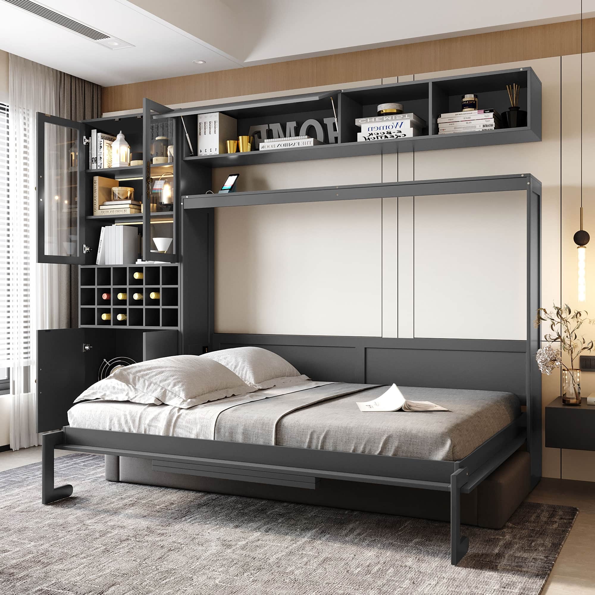 Tiramisubest - Full Size Murphy Bed with Sofa, Shelves, USB & Light, Gray, MDF+LVL - Gray