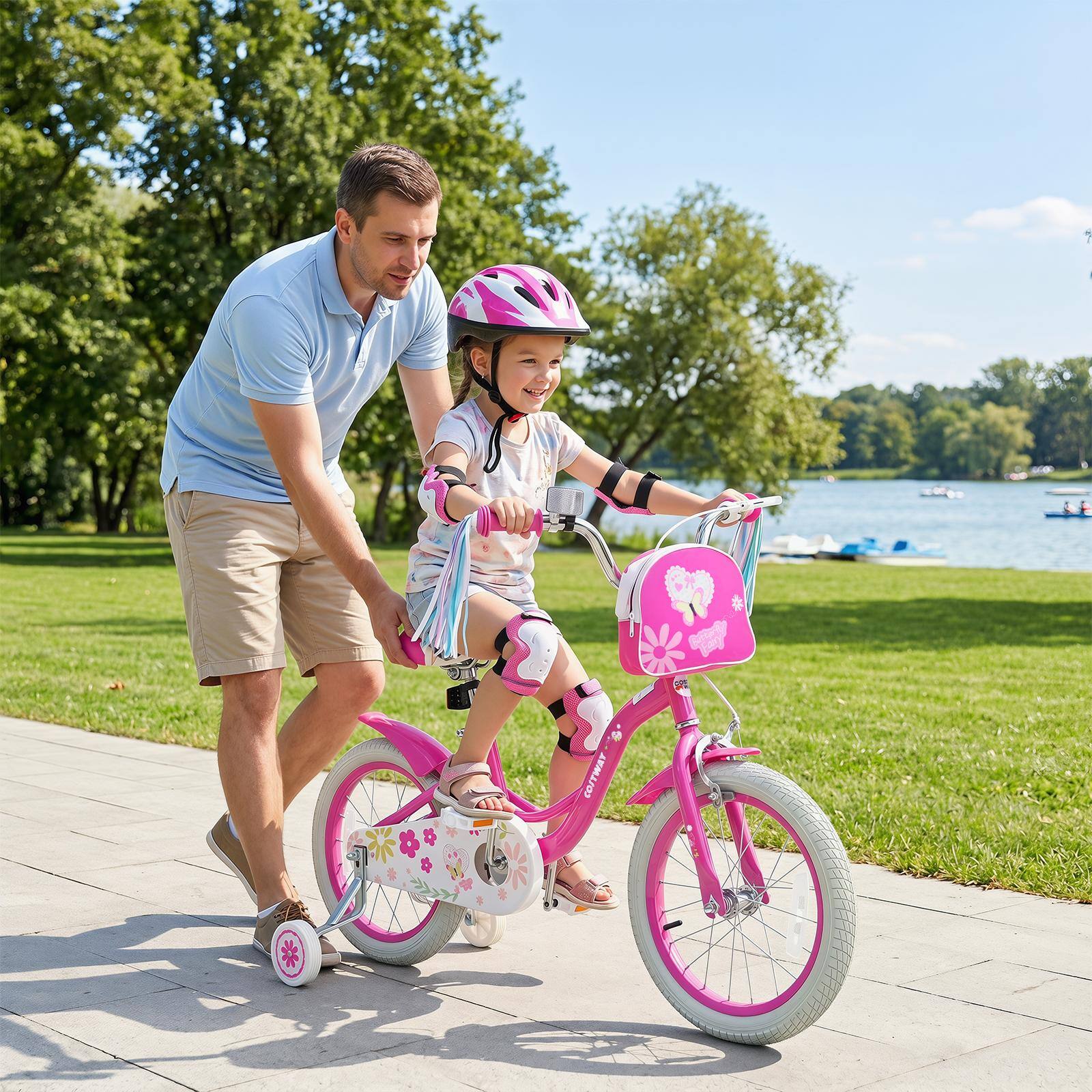 Alt View 4. Costway - Costway 16 Inches Girls Bike with Front Bag, Children Training Bicycle for 4-7 Years Old - Pink.