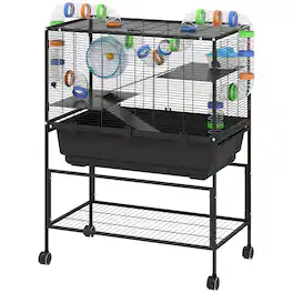 Pawhut - Tier Hamster Cage, Rolling Rat Cage with Deep Tray, Storage Shelf, Big Exercise Wheel, Hut