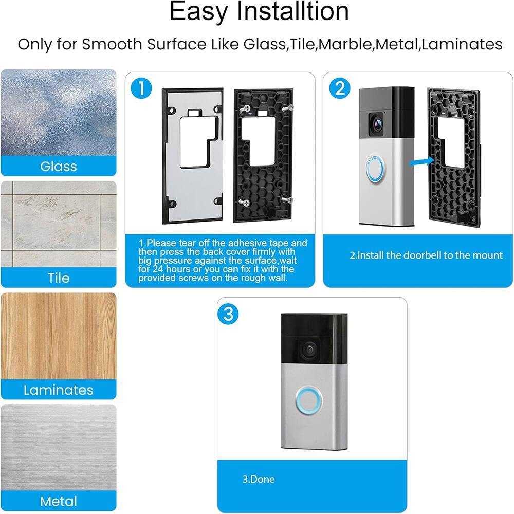 Easy Installation

Only for Smooth Surface Like Glass, Tile, Marble, Metal, Laminates

1. Glass
   - Please tear off the adhesive tape and then press the back cover firmly with big pressure against the surface, wait for 24 hours or you can fix it with the provided screws on the rough wall.

2. Tile
   - Install the doorbell to the mount

3. Laminates
   - Done

4. Metal