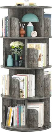 Aheaplus - 360° Rotating 4-Tier Wood Bookshelf - Space-Saving Corner Storage Rack for Bedroom, Living Room - Gray Oak