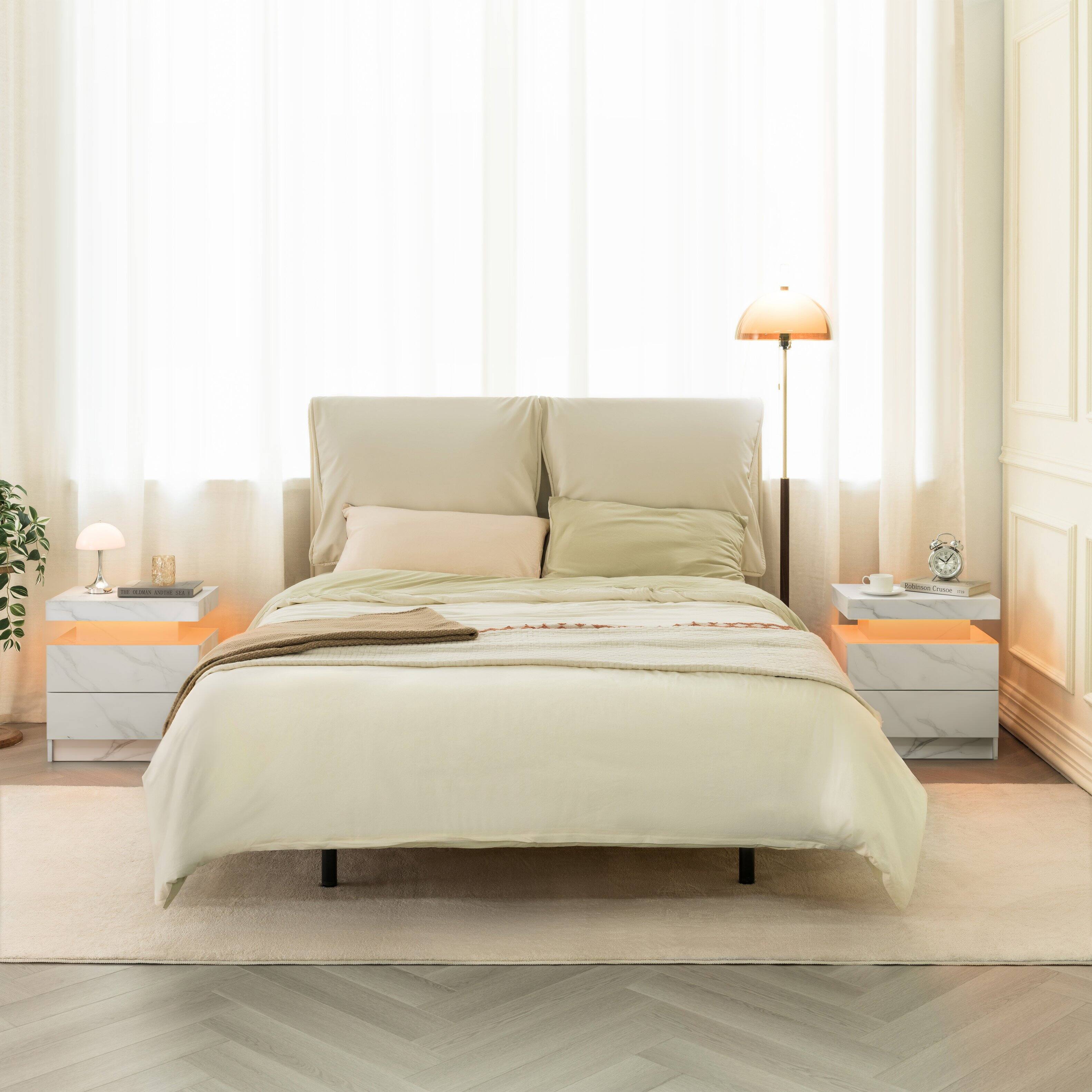 Alt View 6. Ecooso - LED Nightstand with 2 Drawers, Modern Bedside Table for Bedroom, Adjustable Lighting and Storage Design - Matte White.