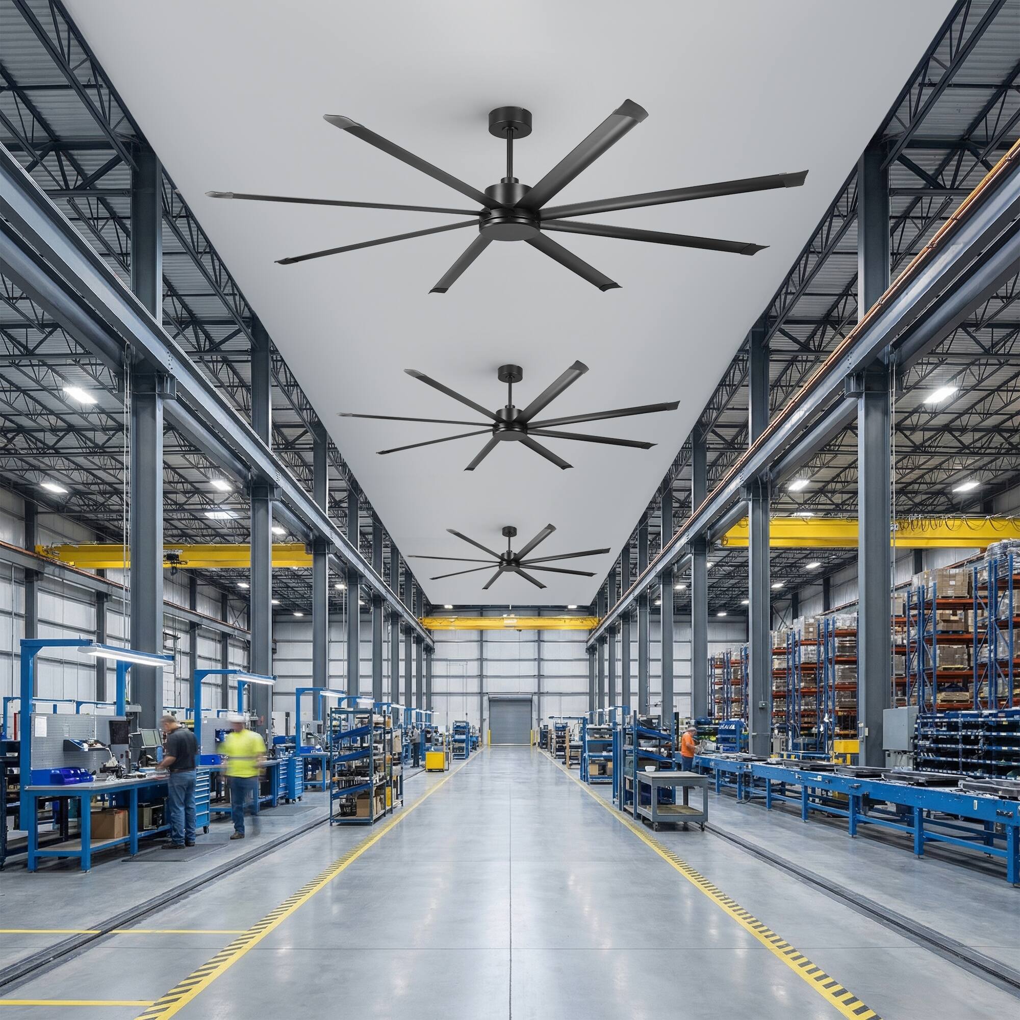 Alt View 1. Vaczon - 100" Industrial 8 Aluminum Blades 6-Speed DC Motor Ceiling Fan with Remote Control, 15000 CFM High Airflow, No Light - Matte Black.