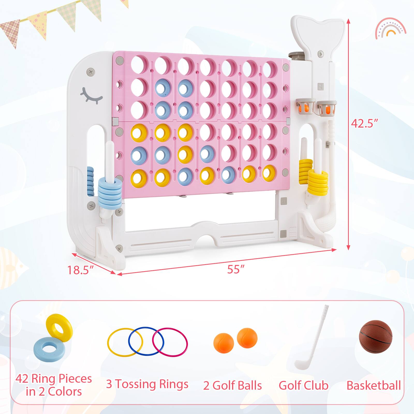 42.5" x 18.5" x 55"  
42 Ring Pieces in 2 Colors  
3 Tossing Rings  
2 Golf Balls  
Golf Club  
Basketball
