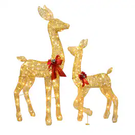 Winado - 2 PCS Gold Reindeer Family Lighted Deer Set 54in Doe 22in Fawn for Indoor Outdoor Holiday Decoration - Golden