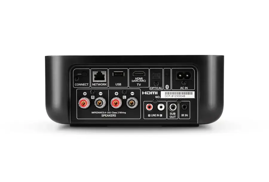The text on the image reads: "Connect Network + USB + L HDMI (eARC/ARC) TV Optical AC In HOMI No. DCPJ812300048 Impedance: 4-160 Class 2 Wiring Speakers E Line In E Sub Out IR In."