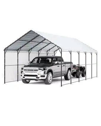 Front. VEVOR - Heavy Duty Metal Carport, 13' x 26' Outdoor Carport with Galvanized Steel Frame & Roof, Car Tent Garage Shade - Gray.