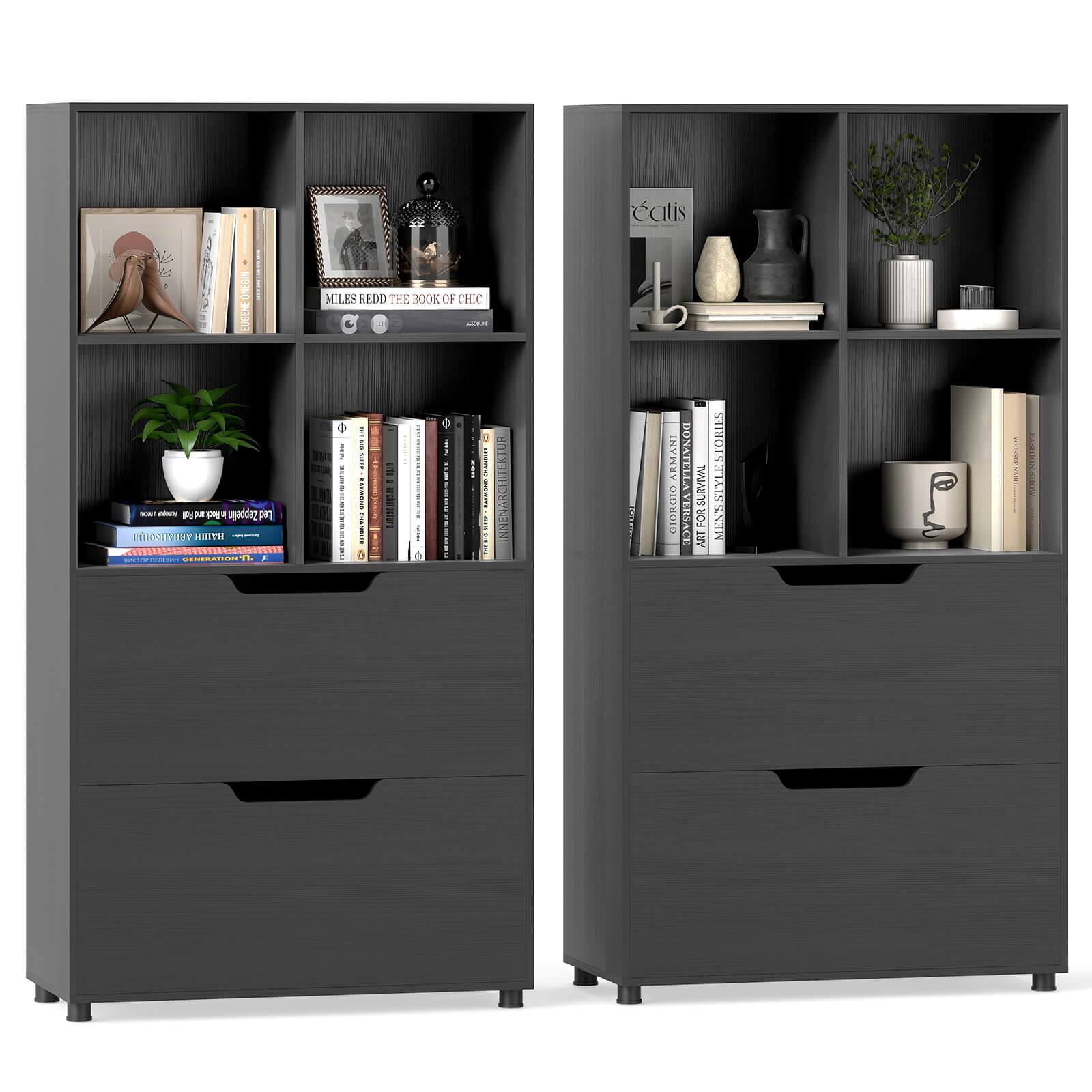 Costway - 2PCS 51" 5-Tier 4-Cube Bookcase with 2 Drawers for Living Room, Study, Home Office - Black