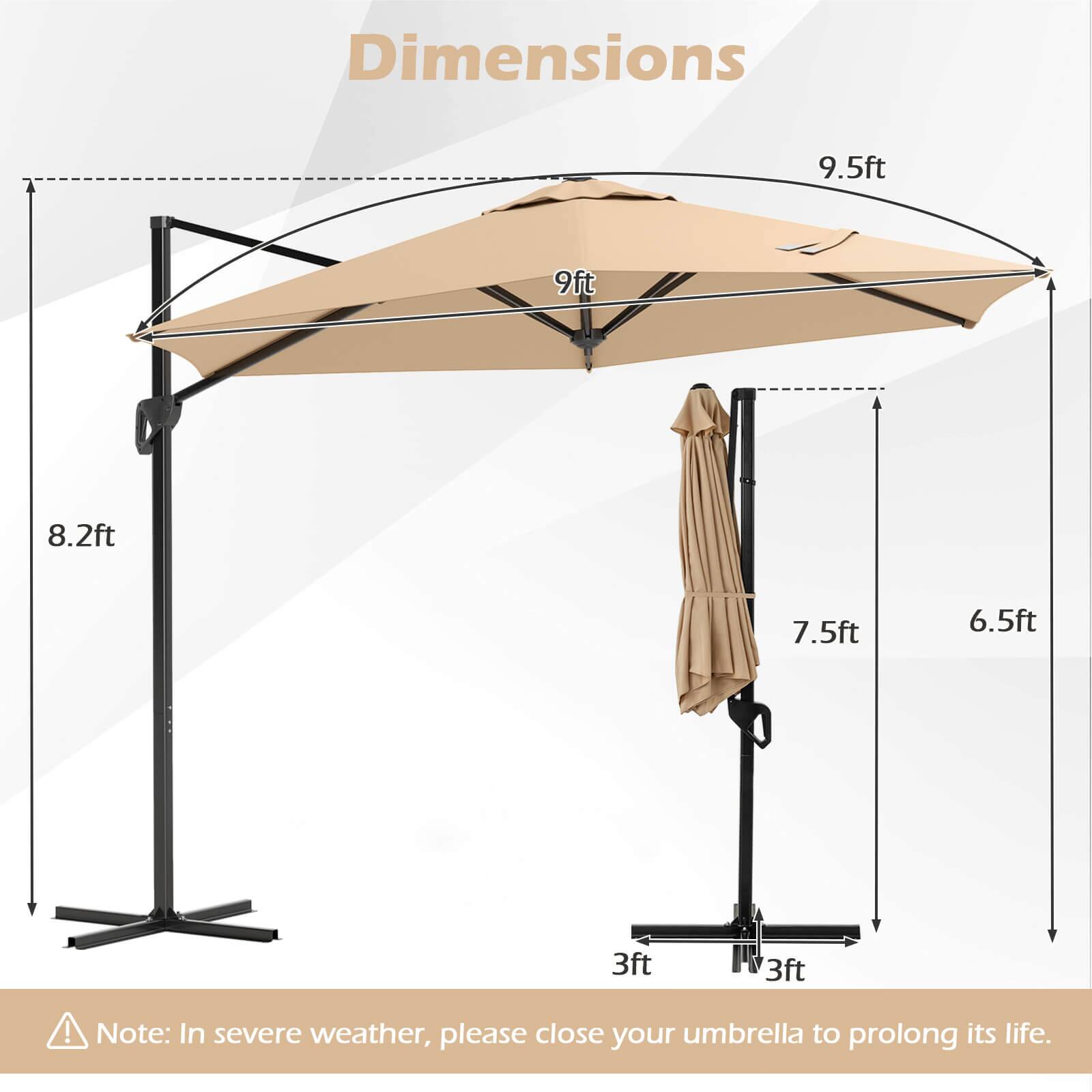 Dimensions:  
- 9.5ft  
- 9ft  
- 8.2ft  
- 7.5ft  
- 6.5ft  
- 3ft  
- 3ft  

Note: In severe weather, please close your umbrella to prolong its life.