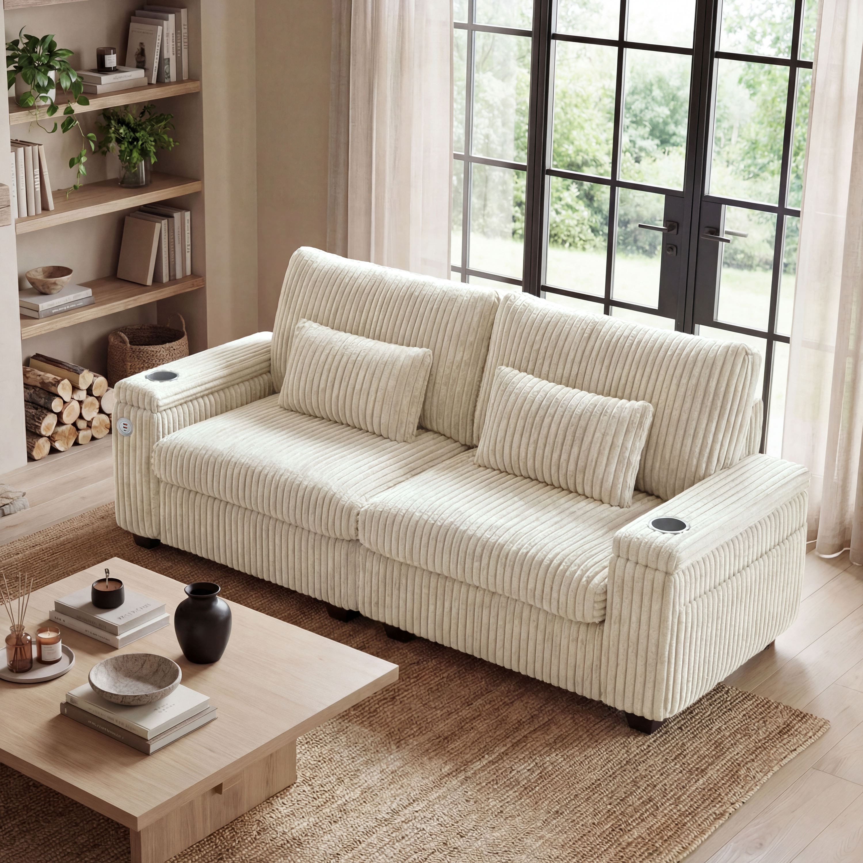 Front. Dyonery - Dyonery 91-inch modern-style double-seater sofa with charging cup holder and armrest storage, in wide corduroy, white - Beige.