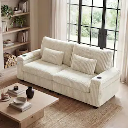 Dyonery - 91-inch modern-style double-seater sofa with charging cup holder and armrest storage, in wide corduroy, white - Beige