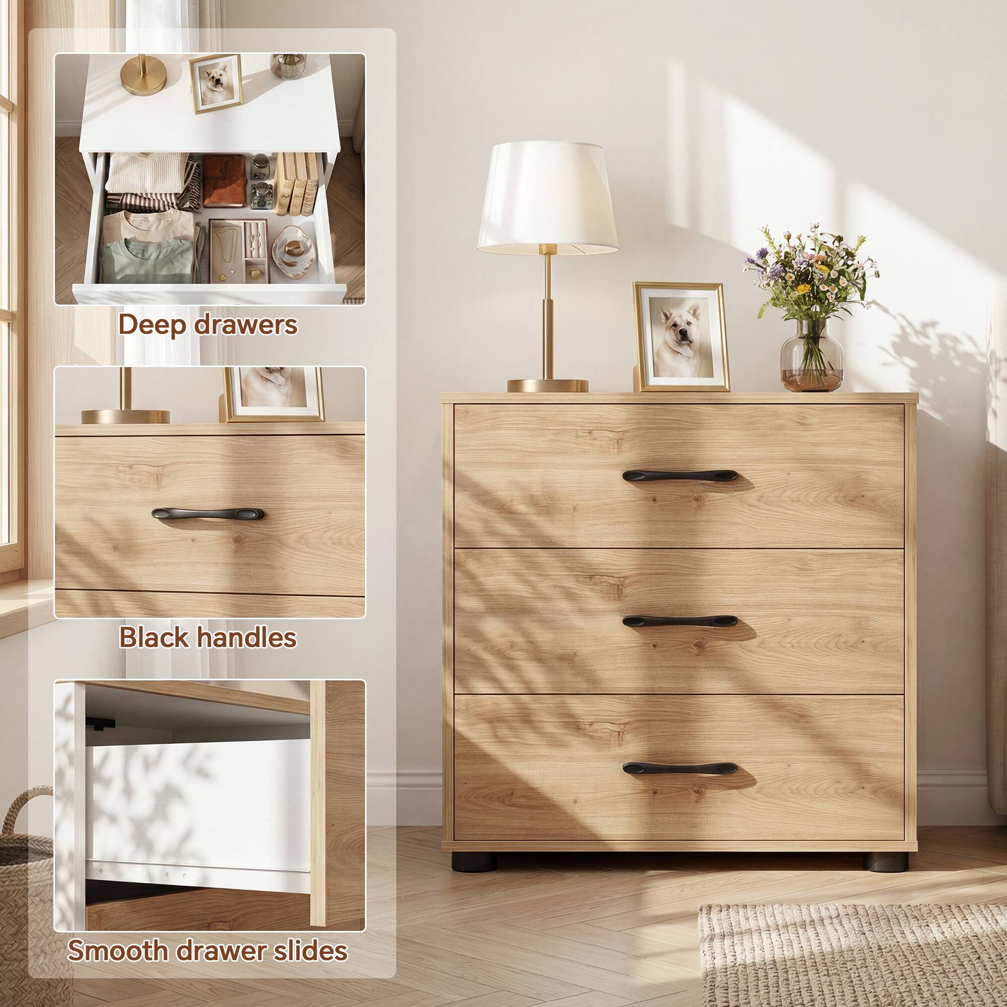 Deep drawers  
Black handles  
Smooth drawer slides