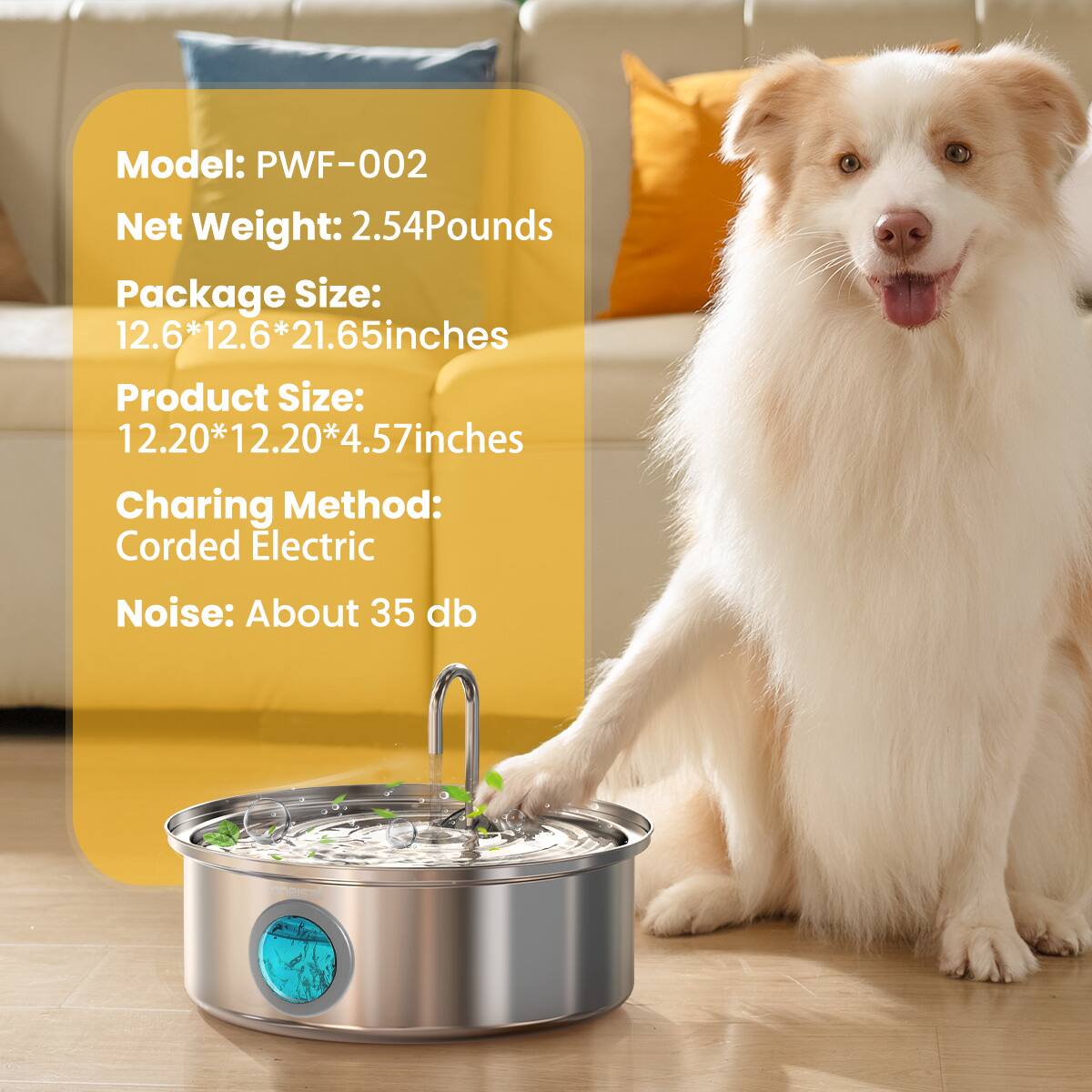 Model: PWF-002
Net Weight: 2.54Pounds
Package Size: 12.6*12.6*21.65inches
Product Size: 12.20*12.20*4.57inches
Charging Method: Corded Electric
Noise: About 35 db