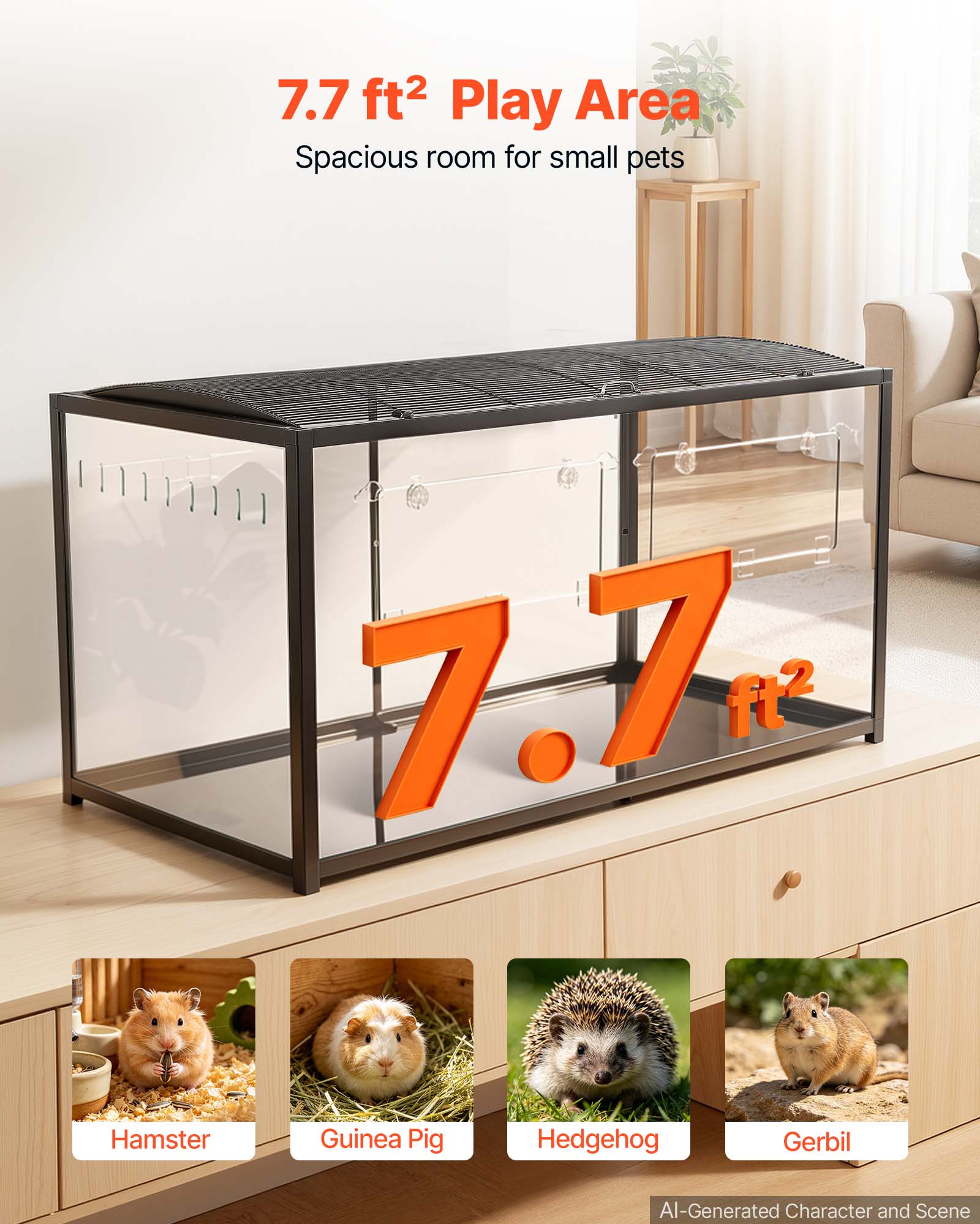 7.7 ft² Play Area  
Spacious room for small pets  
7.7 ft²  
Hamster  
Guinea Pig  
Hedgehog  
Gerbil  
AI-Generated Character and Scene