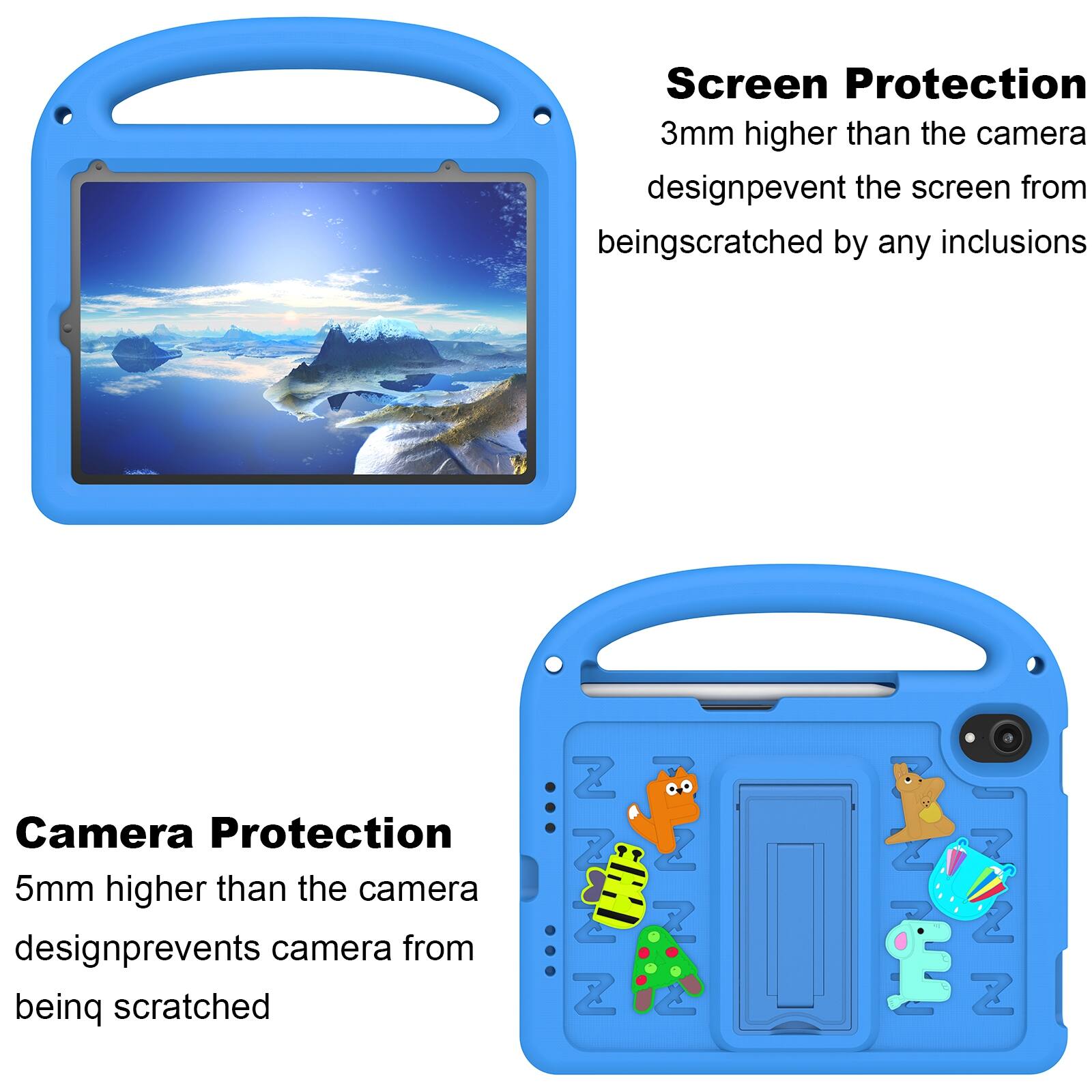 Screen Protection  
3mm higher than the camera design prevents the screen from being scratched by any inclusions  

Camera Protection  
5mm higher than the camera design prevents camera from being scratched