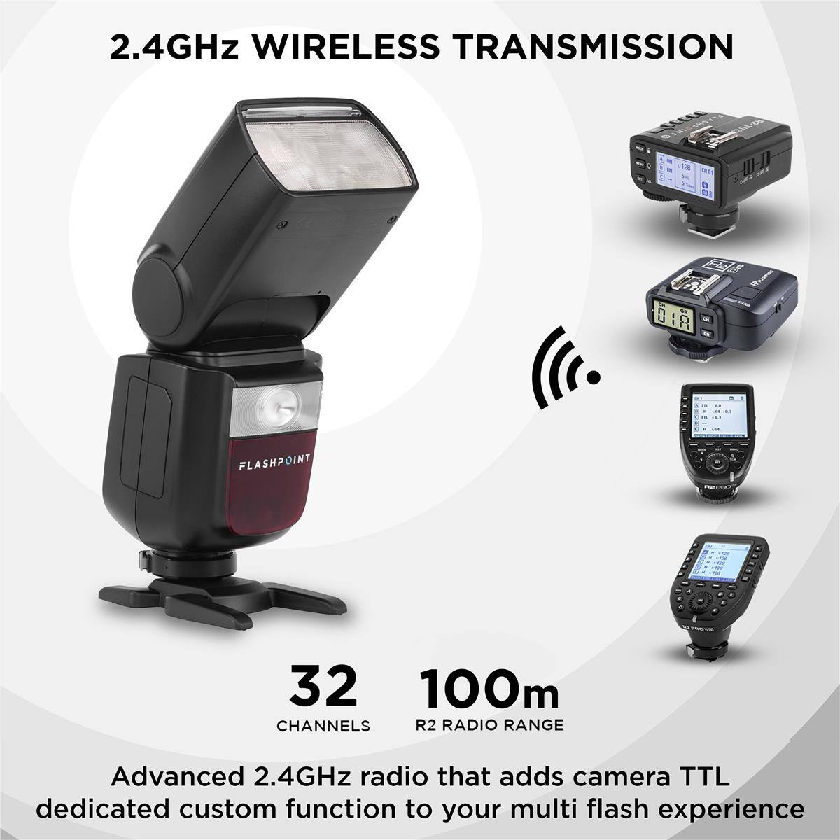 2.4GHz WIRELESS TRANSMISSION

32 CHANNELS

100m R2 RADIO RANGE

Advanced 2.4GHz radio that adds camera TTL dedicated custom function to your multi flash experience