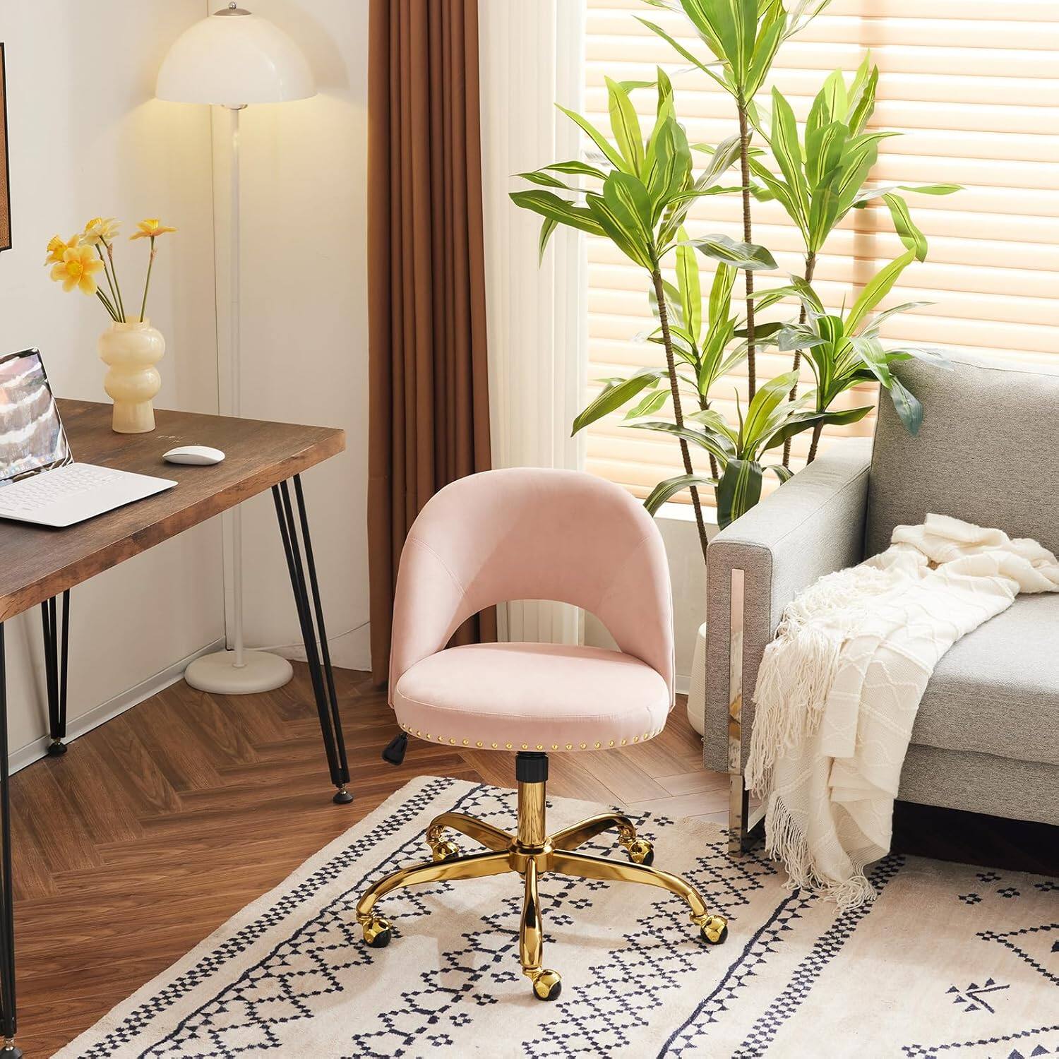 Alt View 8. Winado - Modern Velvet Cute Desk Chair with Wheels,Gold Base/Studs, Comfy Armless Swivel Vanity Task Nail Tech Chair for Bedroom - Pink.