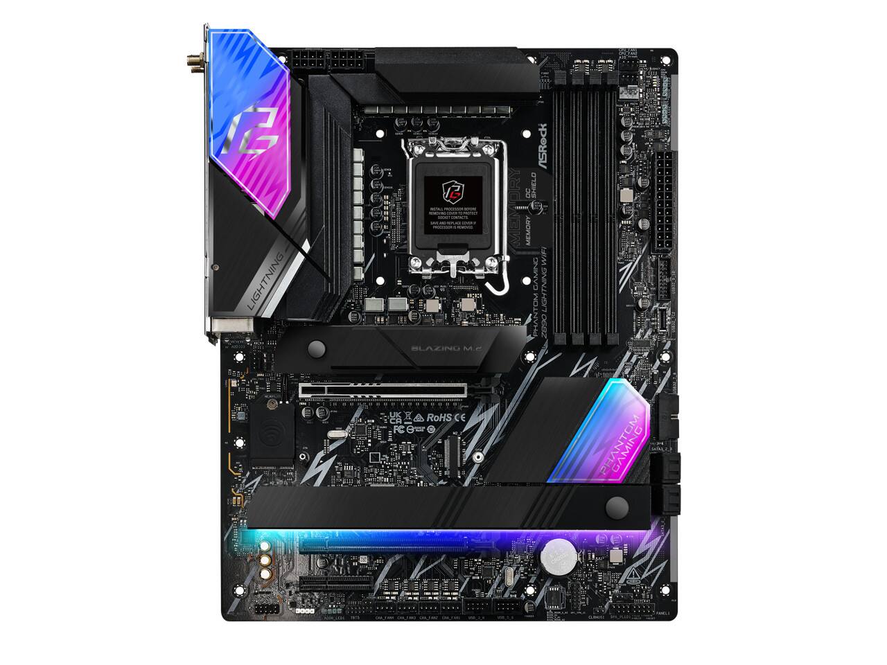 12 LIGHTNING CGGGE a  
2 - - - - - -- COMFACTS - - -  
| | - PELRIR BLAZING M.e  
ASRock DD SHIELD OW3W  
MEMORY WIF CAMINO LIGHTNING  
TOM PHAM O6aZ ap UK CR FC RoHS CE  
EAMITO DODE