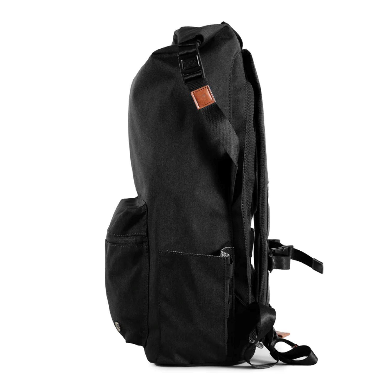 Left. PKG - Dawson Recycled Roll Top Backpack - Black.