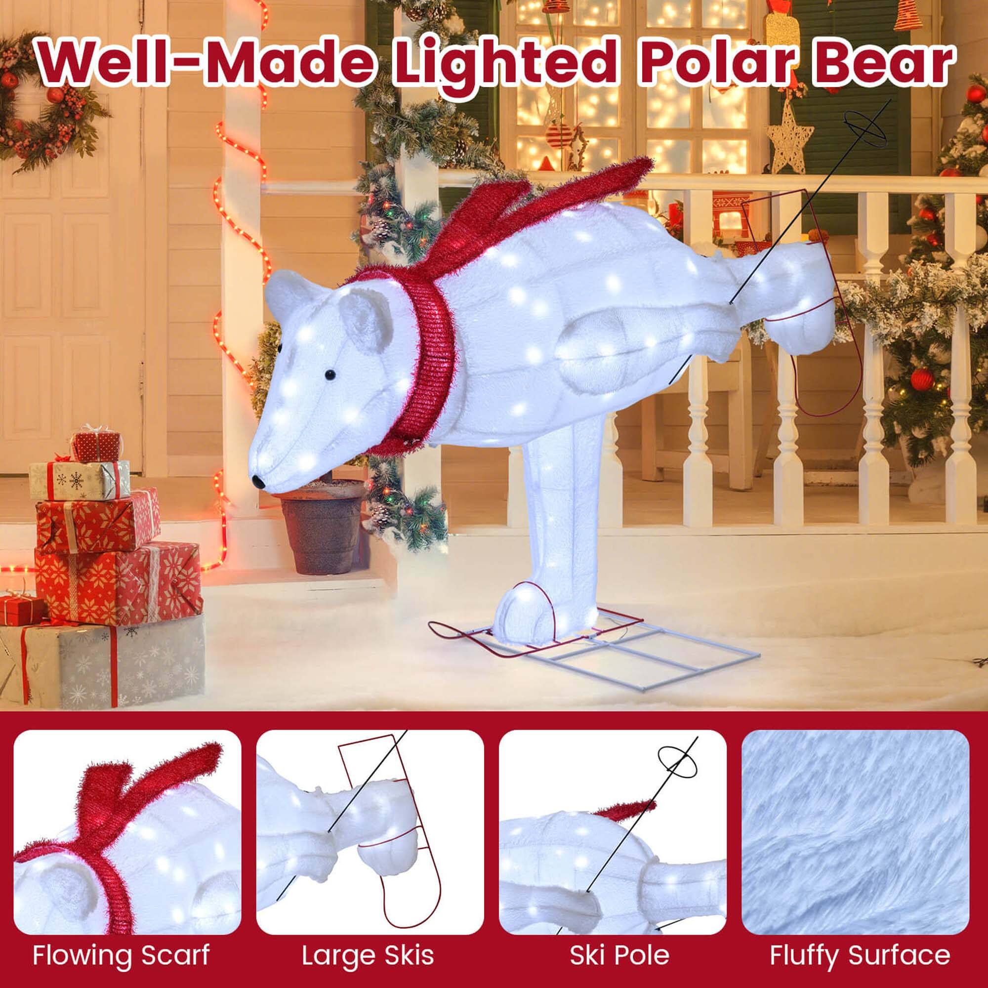 Well-Made Lighted Polar Bear, Flowing Scarf, Large Skis, Ski Pole, Fluffy Surface