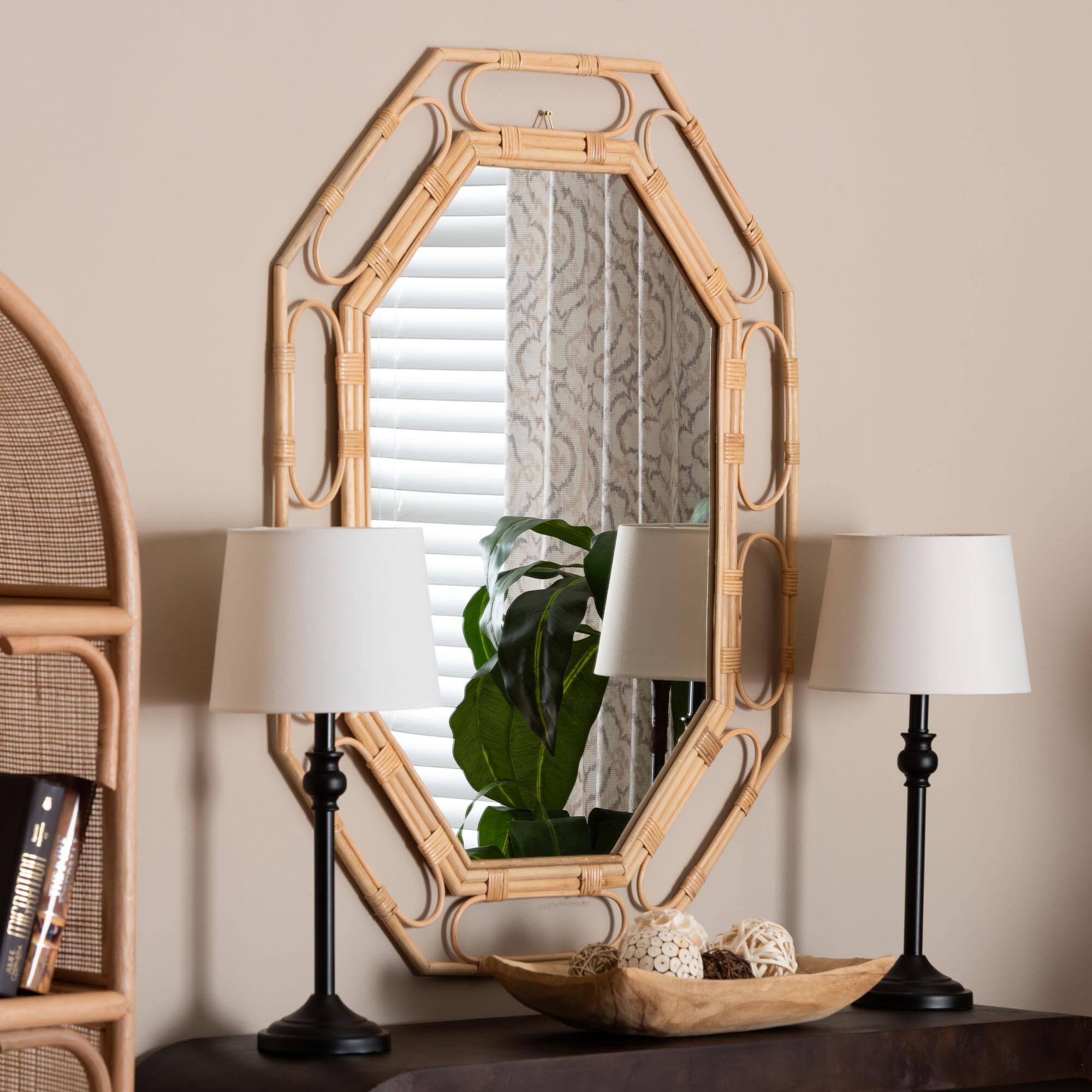 Left. bali & pari - Remedy Octagonal Natural Rattan Wall Mirror - Handwoven Accent Mirror with Open Loop Detailing, Boho Coastal Style - Natural.