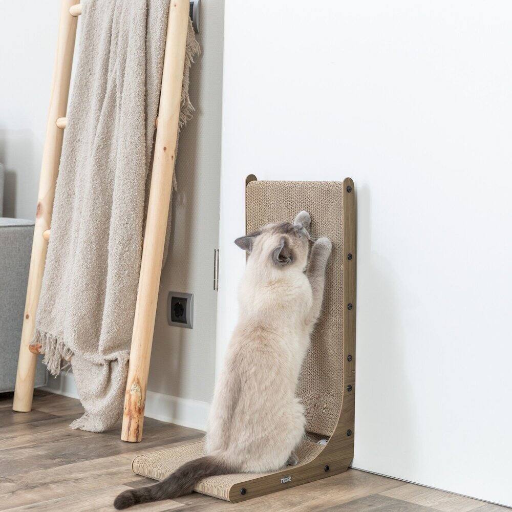 Angle. TRIXIE - 17.7" L-Shaped Cat Scratching Board Catnip & Silvervine with Built-In Ball Toy - Gray/Brown.