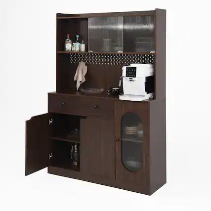 Front. Ecooso - 71" Pantry Storage Cabinet with Reeded Glass Doors, Microwave Stand, Bakers Rack - Walnut.