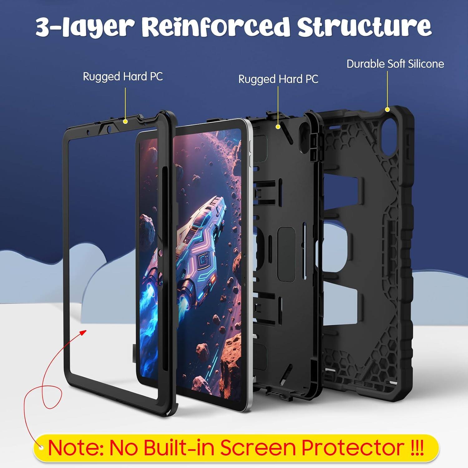 3-layer Reinforced Structure

Rugged Hard PC

Rugged Hard PC

Durable Soft Silicone

Note: No Built-in Screen Protector !!!