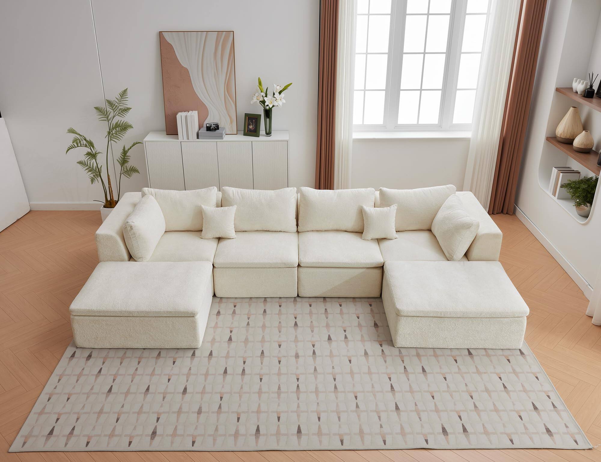 Alt View 4. Jojoka - 140" U-Shaped Modular Sectional Sofa, 6-Seater Oversized Chenille Couch with Double Chaise, Ottoman & Pillows - Beige.