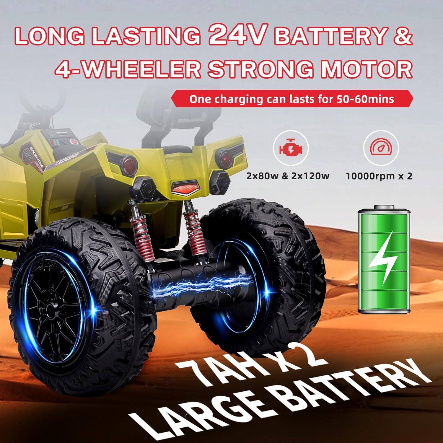 LONG LASTING 24V BATTERY & 4-WHEELER STRONG MOTOR  
One charging can lasts for 50-60mins  
2x80w & 2x120w  
10000rpm x 2  
7AH x2 LARGE BATTERY
