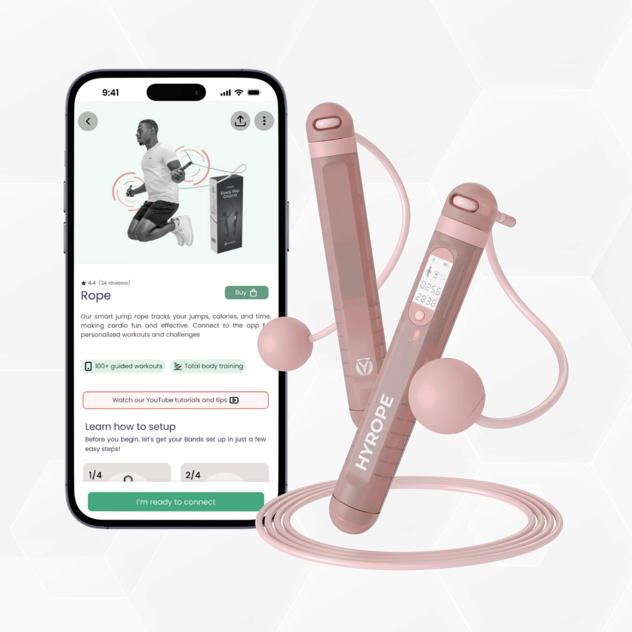 Habeats - Smart Jump Rope, AI Powered Fitness Tracker, Fitness App Lifetime Access, Adjustable, Cordless, Cardio Weight Loss - Rose