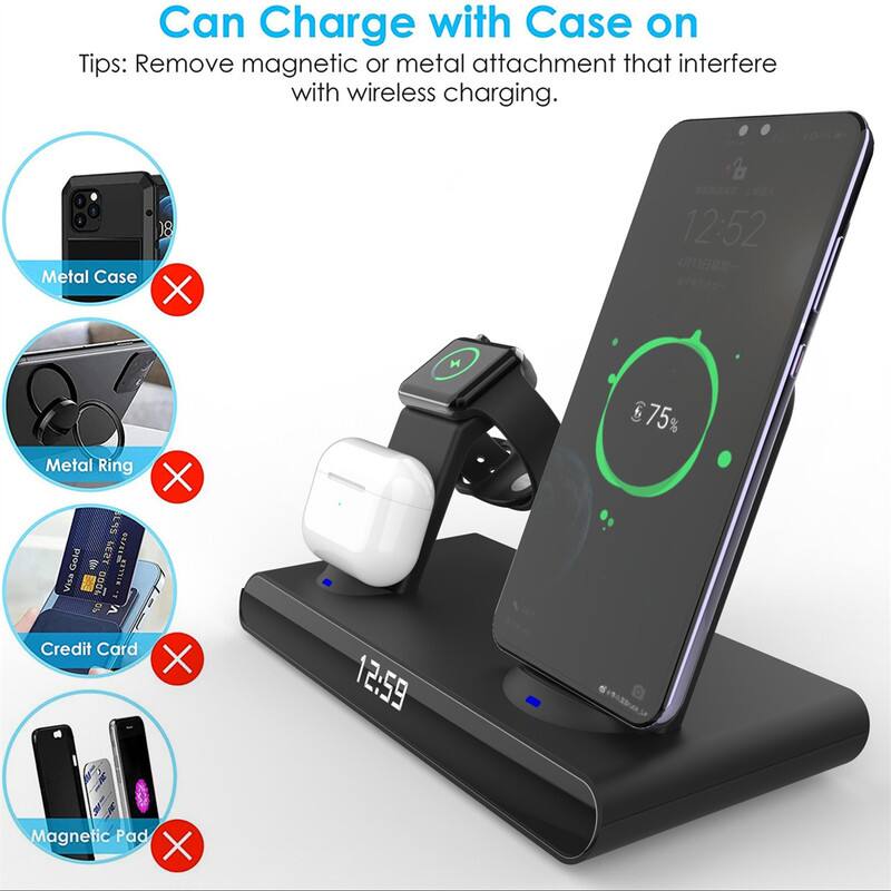 Can Charge with Case on  
Tips: Remove magnetic or metal attachment that interfere with wireless charging.  

Metal Case  
Metal Ring  
Credit Card  
Magnetic Pad