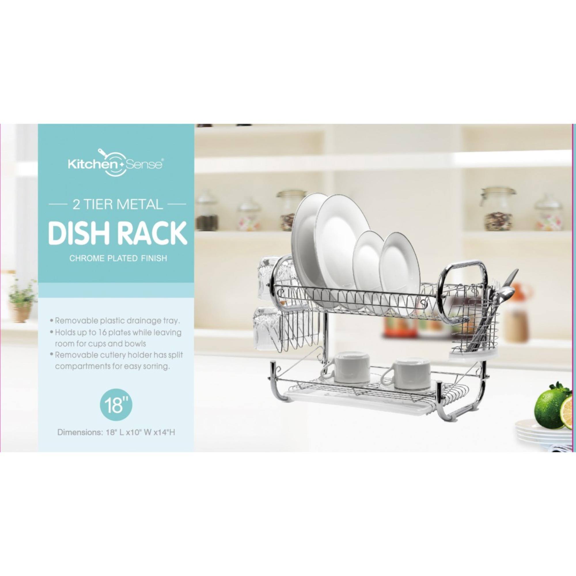 Kitchen Sense 2 TIER METAL DISH RACK CHROME PLATED FINISH. Removable plastic drainage tray. Holds up to 16 plates while leaving room for cups and bowls. Removable cutlery holder has split compartments for easy sorting. Dimensions: 18" L x 10" W x 14" H
