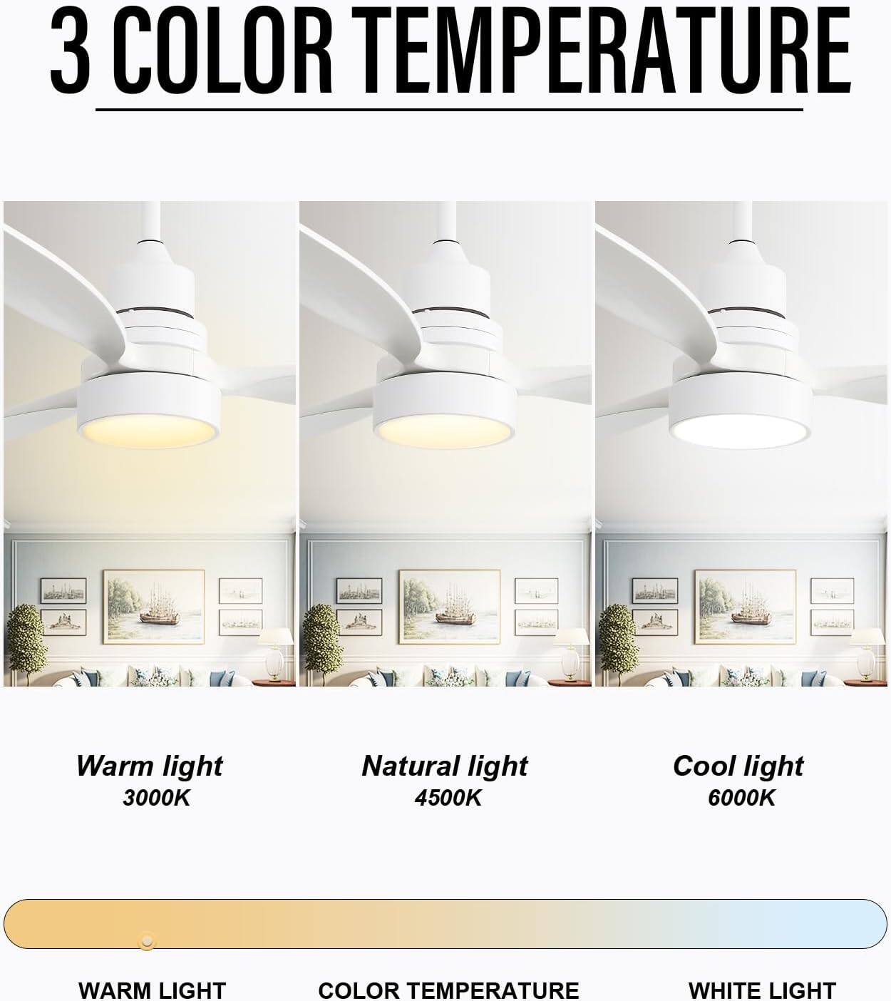 3 COLOR TEMPERATURE

Warm light 3000K  
Natural light 4500K  
Cool light 6000K  

WARM LIGHT  
COLOR TEMPERATURE  
WHITE LIGHT
