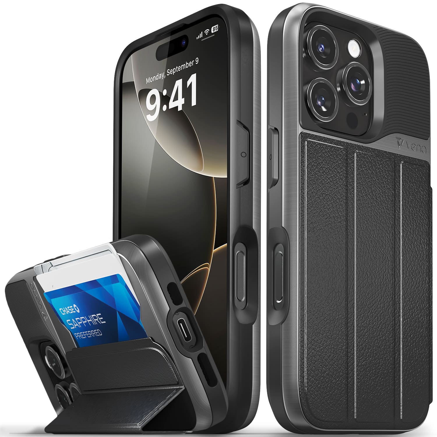 Vena - vCommute for Apple iPhone 16 Pro Case, Wallet Case, Leather Flip Cover with Card Slot and Kickstand - Space Black - Gray