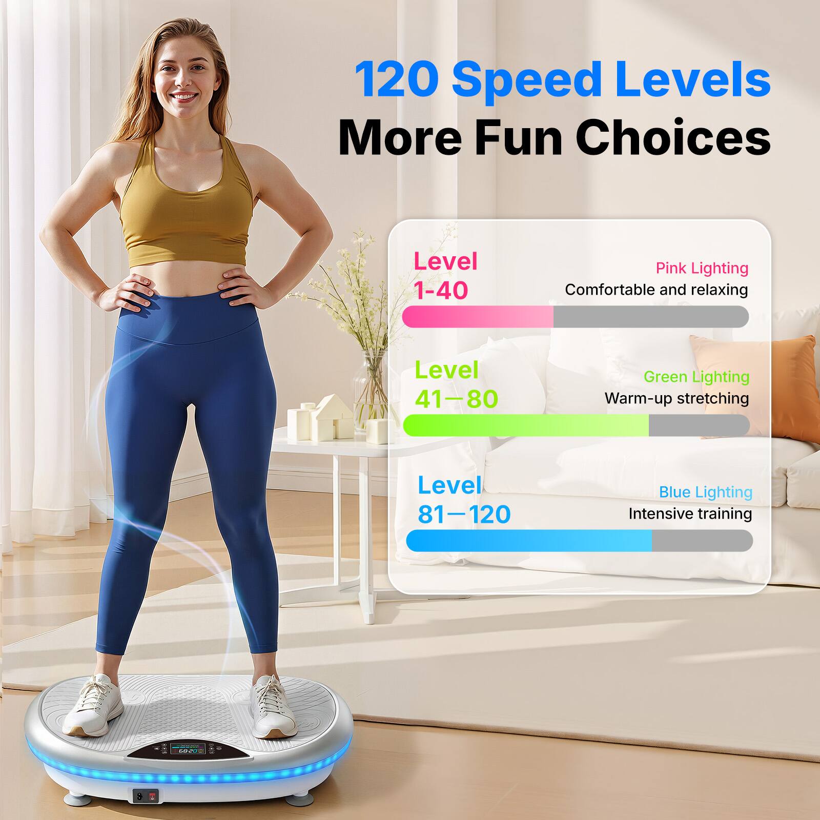 120 Speed Levels More Fun Choices

Level 1-40: Pink Lighting - Comfortable and relaxing  
Level 41-80: Green Lighting - Warm-up stretching  
Level 81-120: Blue Lighting - Intensive training