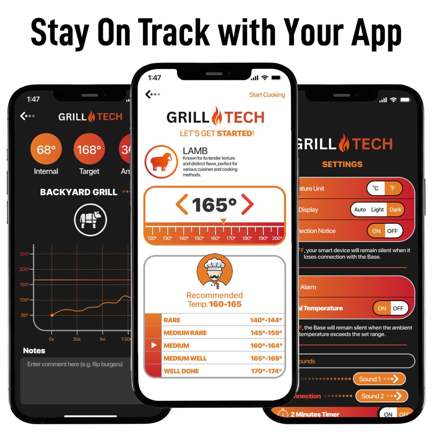 Stay On Track with Your App

GRILL TECH

1:47

Start Cooking

GRILL TECH

LET'S GET STARTED!

LAMB
Known for its tender texture and distinct flavor, perfect for various cuisines and cooking methods.

BACKYARD GRILL

Internal: 68°
Target: 168°
Art: 3

Recommended Temp. 160-165

RARE 140-144
MEDIUM RARE 145-159
MEDIUM 160-164
MEDIUM WELL 165-169
WELL DONE 170-174

Notes
Enter comment here (e.g. flip burgers)

Alarm
Temperature ON OFF

GRILL TECH SETTINGS

Temperature Unit
°C °F

Display
Auto Light Dark

Connection Notice
ON OFF
FF, your smart device will remain silent when it loses connection with the Base.

Alarm
Temperature ON OFF
°F, the Base will remain silent when the ambient temperature exceeds the set range.

Sounds
Connection Sound 1
Connection Sound 2

2 Minutes Timer ON OFF