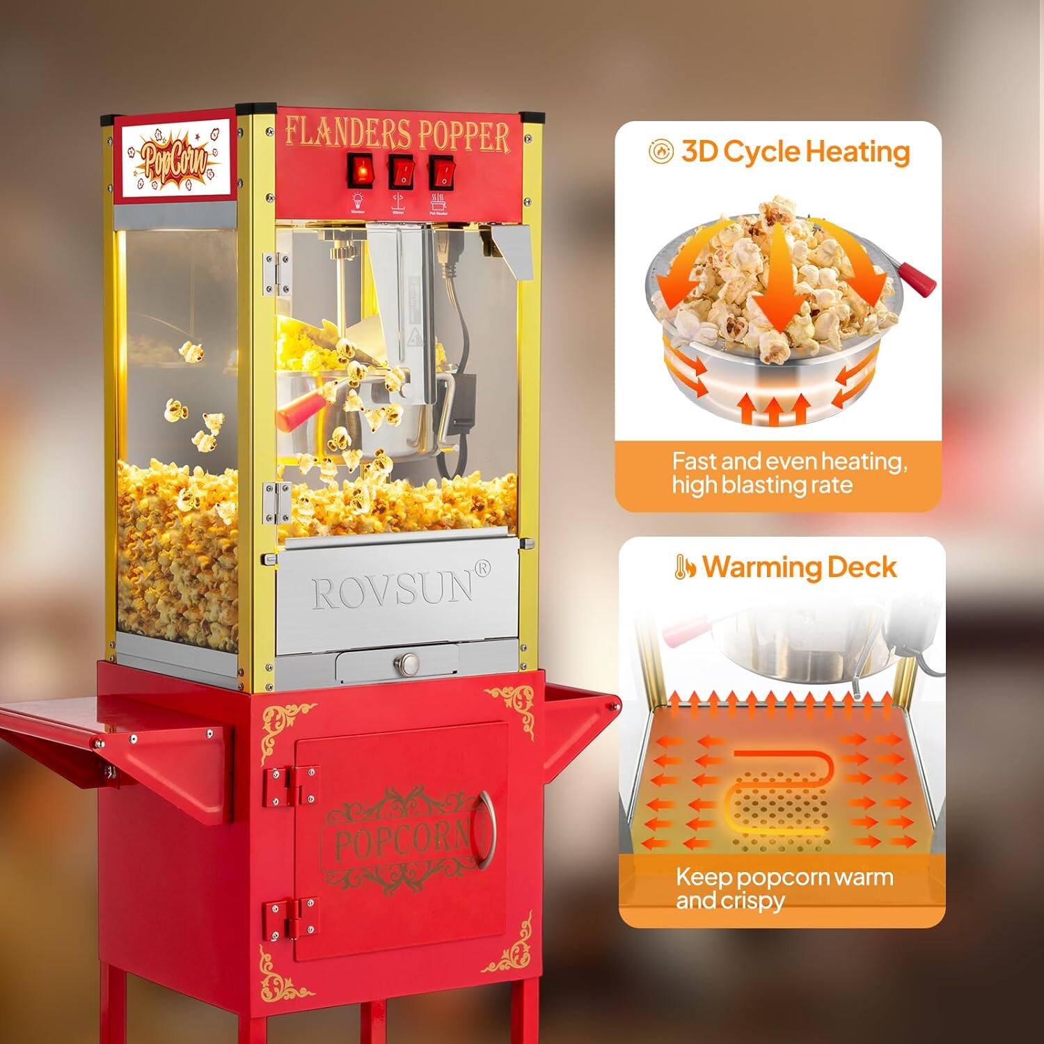 FLANDERS POPPER

3D Cycle Heating  
Fast and even heating, high blasting rate

ROVSUN  
Warming Deck  
Keep popcorn warm and crispy